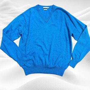 Peter Millar Mens Merino Wool V-Neck‎ Pullover Sweater Cyan Blue Size Large